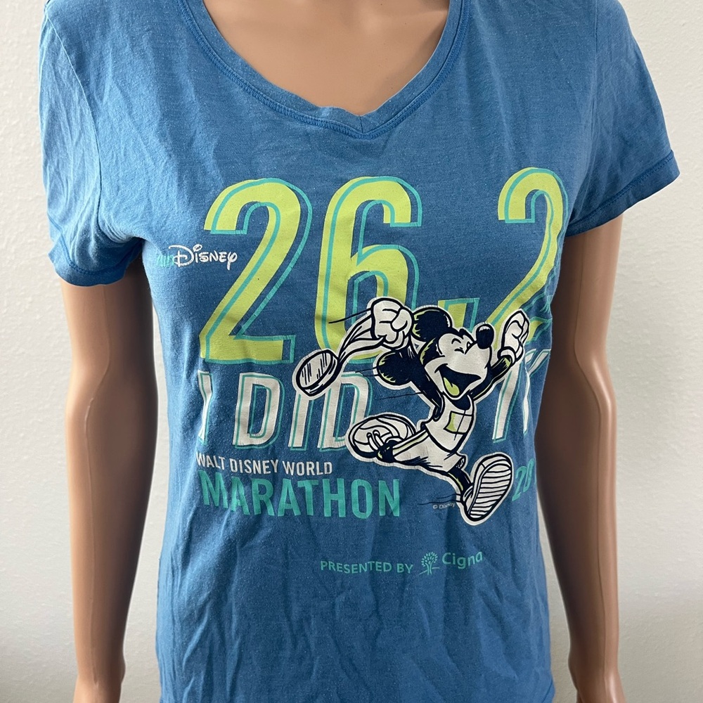 Disney Blue Mickey Marathon Graphic Tee with Neon Green Accents Sz S Gently Used